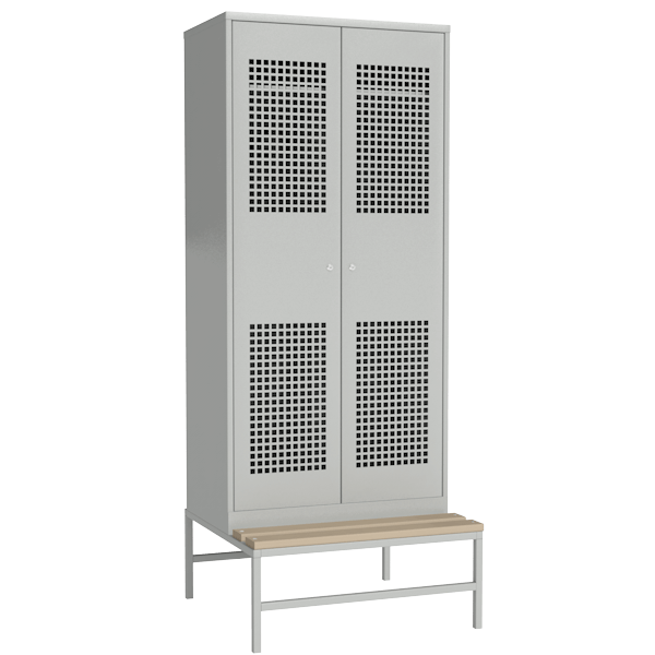 Шкаф для раздевалки с перфорированными дверьми на подставке со скамьей артикул 22703