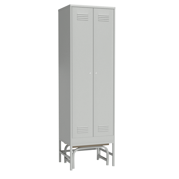 Шкаф для раздевалки двухсекционный с выдвижной скамьей на подставке артикул 22721