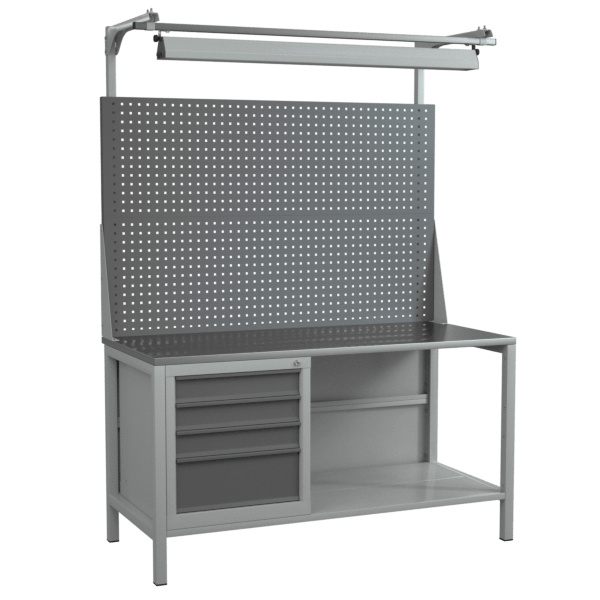 верстак 1500 с двойным экраном, светильником, полкой и тумбой с 4 ящиками фото