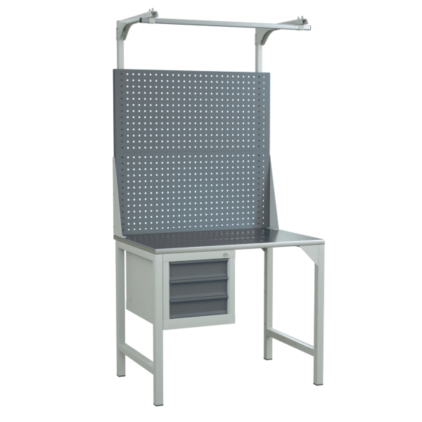 верстак 1000 с подвесной тумбой с 3 ящиками и экраном с консолями фото