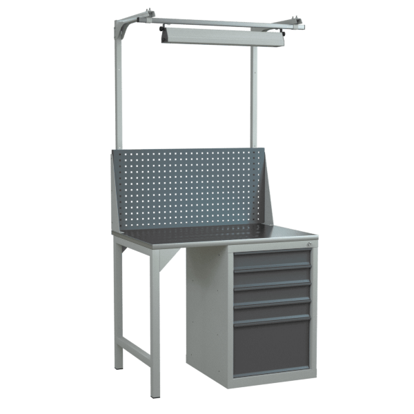 верстак 1000 с экраном, светодиодным светильником и тумбой с 5 выдвижными ящиками фото