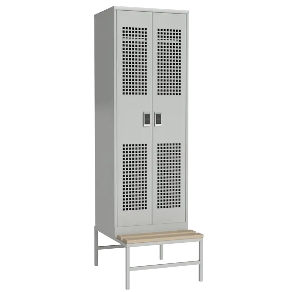 шкаф для одежды металлический перфорированный на подставке со скамьей с электронным замком фото