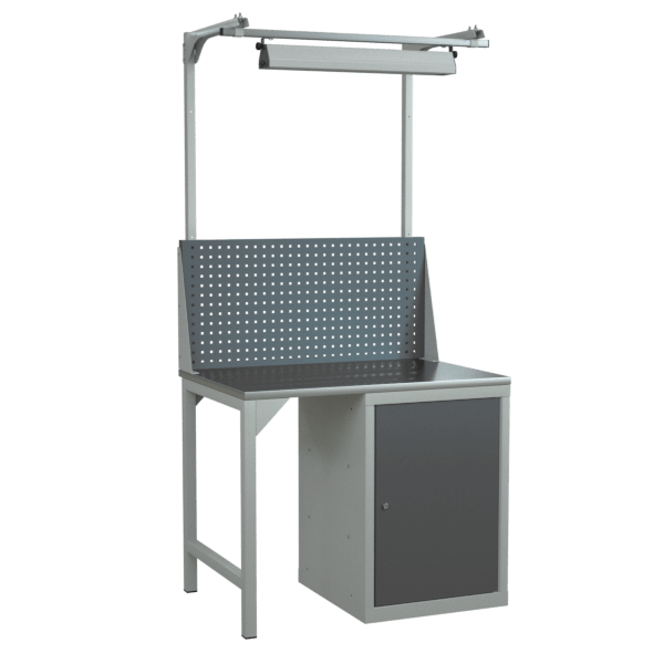 верстак 1000 с экраном, светодиодным светильником и тумбой с дверцей и 2 полками фото