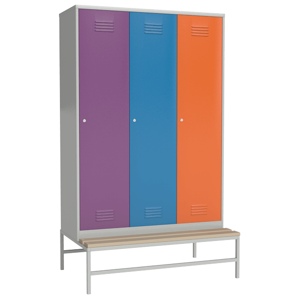 Цветной шкаф для одежды секционный сварной на подставке со скамьей артикул 22739