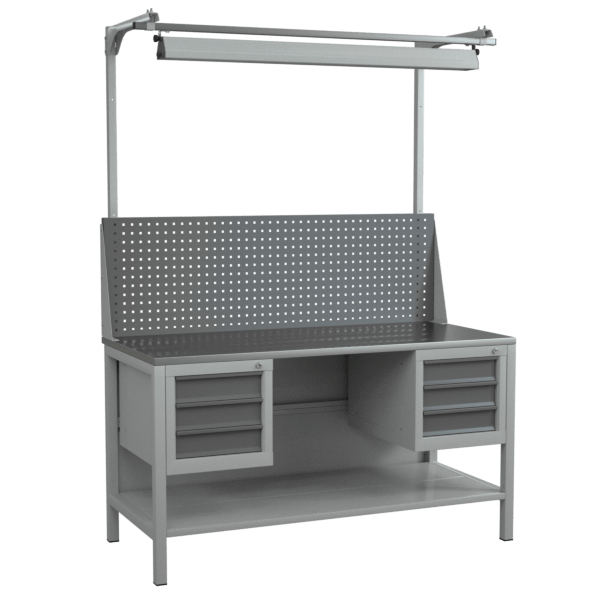 верстак 1500 с экраном, полкой, подвесными тумбами и светильником фото