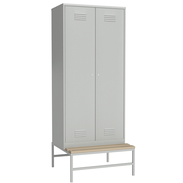 шкаф для раздевалки на 4 отделения на подставке со скамьей фото