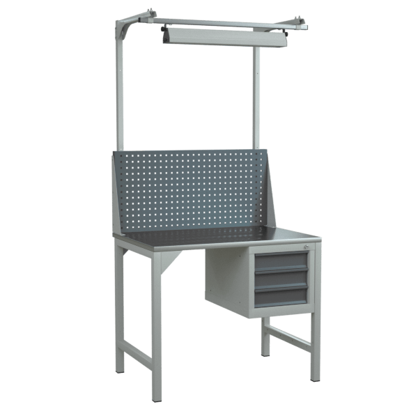 верстак 1000 с экраном, светодиодным светильником и подвесной тумбой с 3 выдвижными ящиками фото