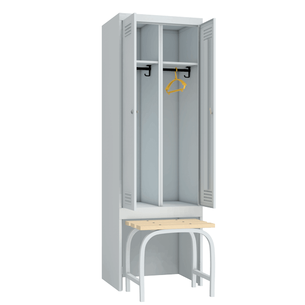 Гардеробный шкаф для раздевалок с выдвижной скамьей артикул 22616
