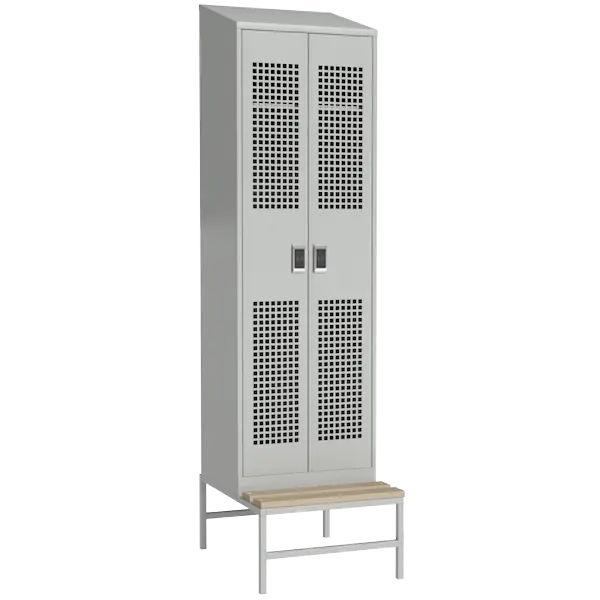 шкаф со скамьей на подставке оснащенный перфорированными дверьми и электронным замком фото