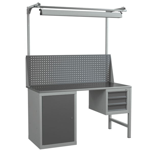 верстак 1500 с 2 тумбами, экраном с консолями и светодиодным светильником фото