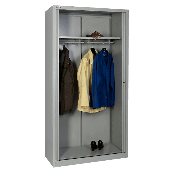 Металлический гардеробный шкаф для одежды на подставке с ящиком