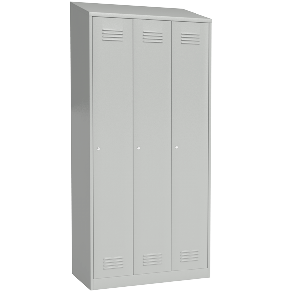 Шкаф для раздевалки с перфорированными дверьми со скошенной крышей на подставке со скамьей