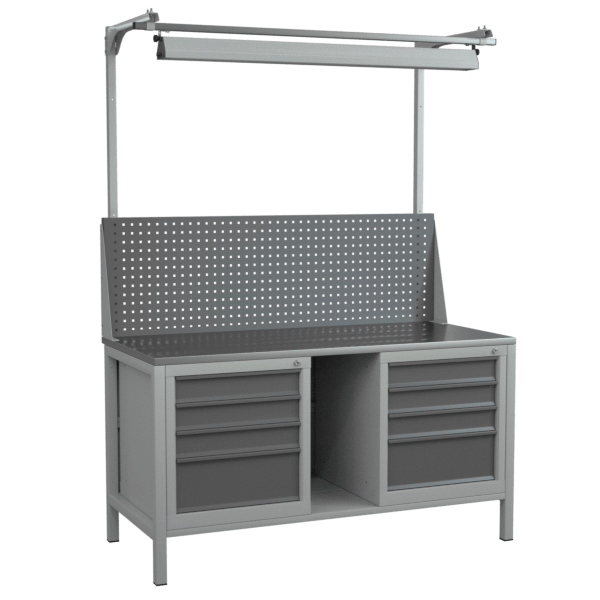 верстак 1500 с тумбами, светильником, полкой и экраном с консолями фото