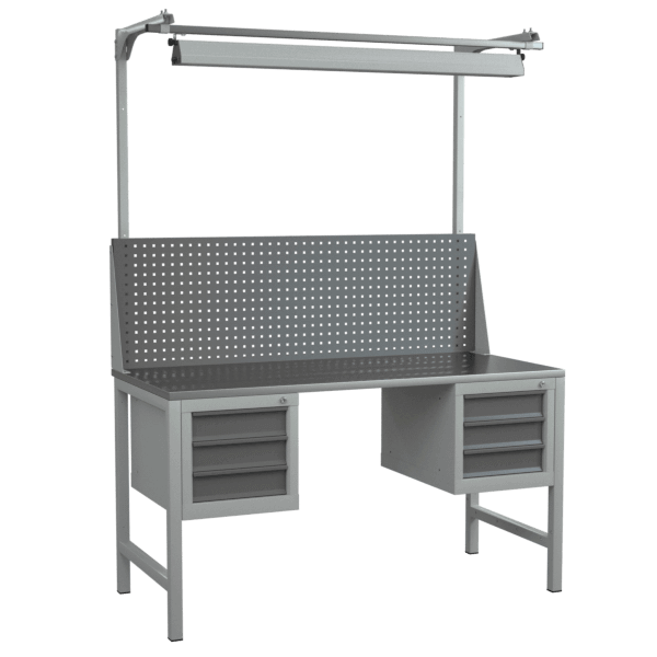 верстак 1500 с 2 подвесными тумбами, экраном и светодиодным светильником фото