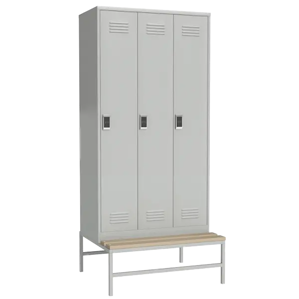 металлический шкаф для одежды на подставке с деревянной скамьей и электронным замком фото