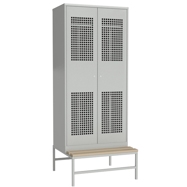 Шкаф для раздевалки на 4 отделения с перфорированными дверцами на подставке со скамьей артикул 22712