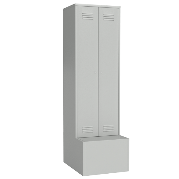 Металлический гардеробный шкаф для раздевалок на подставке с ящиком