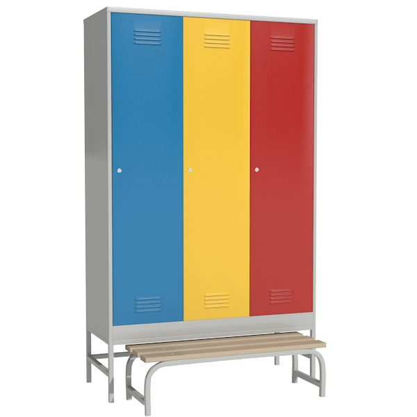 Цветной шкаф для одежды секционный сварной на подставке со скамьей артикул 22740