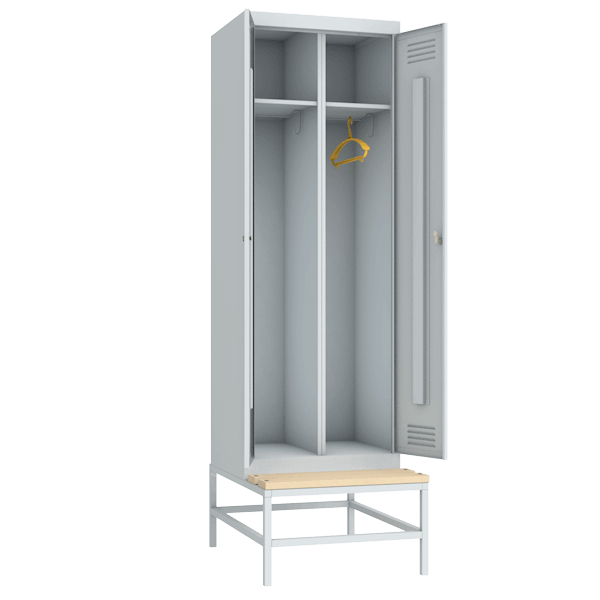 Гардеробный шкаф для раздевалок на подставке с деревянной скамьей артикул 22605