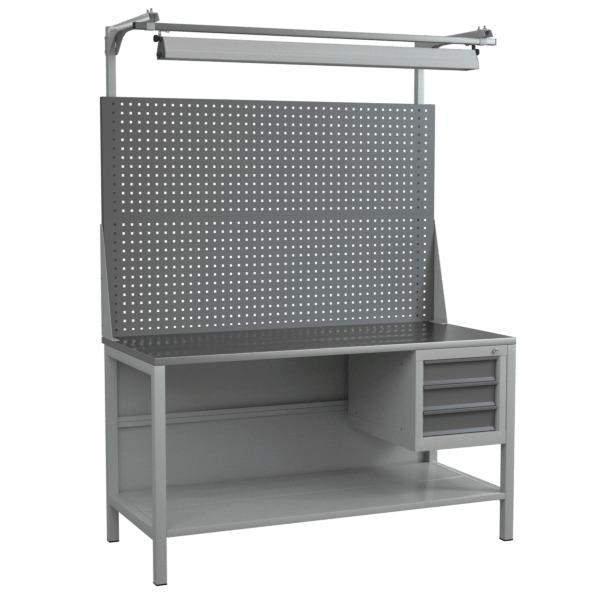 верстак 1500 с подвесной тумбой, двойным экраном, полкой и светильником фото