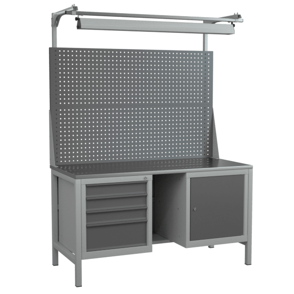 верстак 1500 с 2 тумбами, полкой, двойным экраном и светодиодным светильником фото