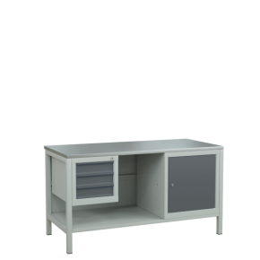 верстак 1500 с полкой из промежуточных панелей, подвесной тумбой с 3 ящиками, тумбой с дверцей и полкой фото