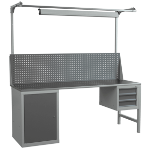 верстак 2000 со светильником, экраном с консолями, подвесной тумбой с 3 ящиками и тумбой с дверцей и 2 полками фото