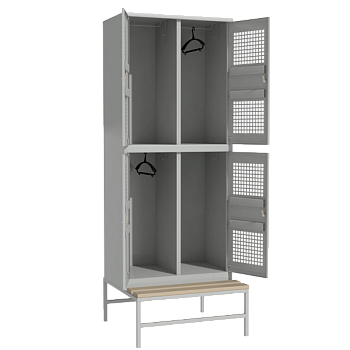 металлический шкаф для раздевалки перфорированный на подставке со скамьей фото