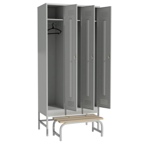 металлический шкаф для одежды с замком на подставке со скамьей фото