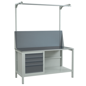 верстак 1500 с тумбой для инструментов и экраном с консолями сборный фото