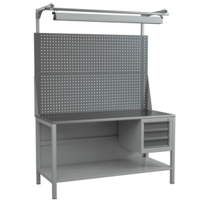 верстак 1500 с подвесной тумбой, двойным экраном, полкой и светильником фото