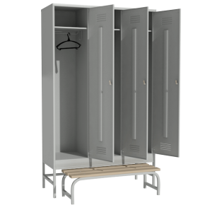 шкаф раздевальный металлический для одежды с выдвижной скамьей фото