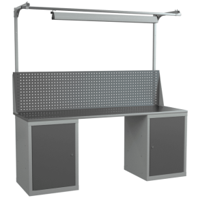 верстак 2000 со светильником, экраном с консолями и 2 тумбами с дверцами и 2 полками фото