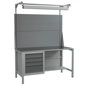 верстак 1500 с двойным экраном, светильником, полкой и тумбой с 4 ящиками фото