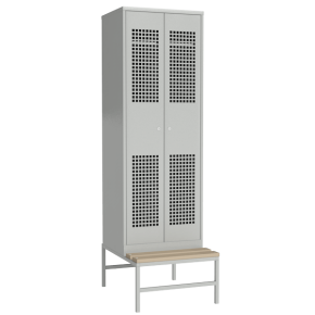 шкаф для раздевалки с перфорированными дверьми на подставке со скамьей фото