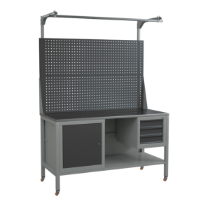 верстак 1500 с двойным экраном, полкой, 2 тумбами и колёсами фото