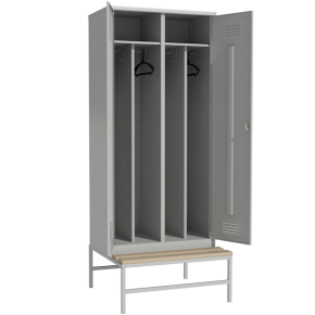 шкафчик металлический для одежды на подставке со скамейкой фото