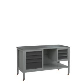 верстак 1500 с поворотными колёсами, полкой и 2 тумбами с выдвижными ящиками фото