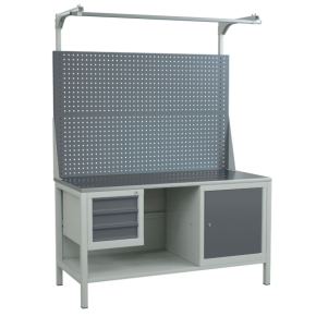 верстак 1500 с полкой, подвесной тумбой, тумбой с дверцей и полкой, двойным экраном фото