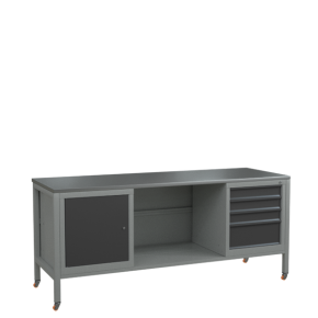 верстак 2000 с колёсами, тумбой с 4 выдвижными ящиками и тумбой с дверцей и полкой фото