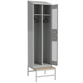 шкаф для раздевалки с перфорированными дверьми с наклонной крышей на подставке со скамьей фото