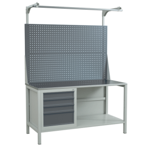 верстак 1500 с тумбой для инструментов и двойным экраном с консолями сборный фото