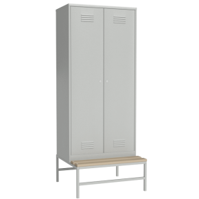 шкаф для раздевалки на 4 отделения на подставке со скамьей фото