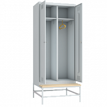 Гардеробный шкаф для раздевалок на подставке с деревянной скамьей артикул 22805