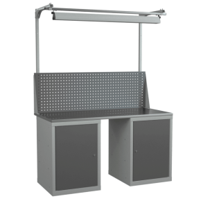 верстак 1500 с 2 тумбами, светильником и одинарным экраном с консолями фото