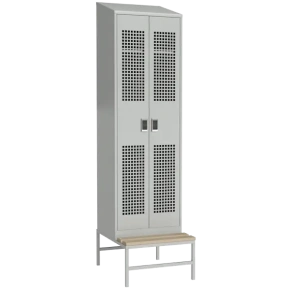 шкаф со скамьей на подставке оснащенный перфорированными дверьми и электронным замком фото