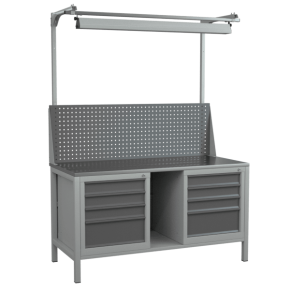 верстак 1500 с тумбами, светильником, полкой и экраном с консолями фото