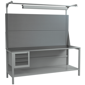 верстак 2000 со светильником, полкой, двойным экраном и тумбой с выдвижными ящиками фото