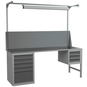 верстак 2000 со светильником, экраном, тумбой с 5 ящиками и подвесной тумбой с 3 ящиками фото